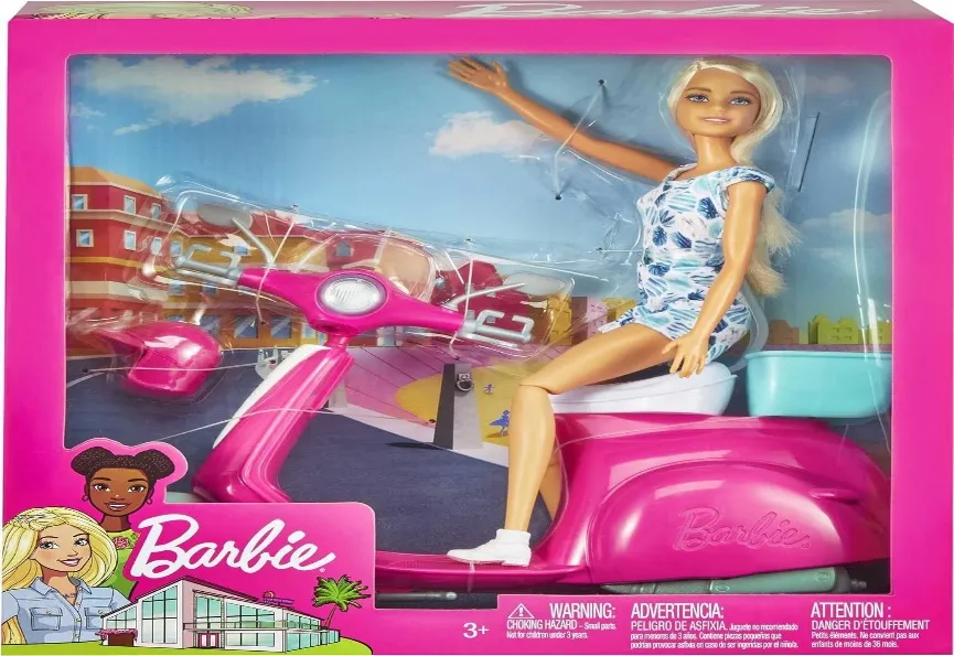 Barbie Doll with Helmet and Pink Scooter

